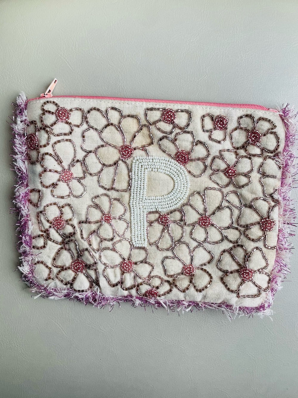 Beaded Floral Zipper Pouch in Pink & Cream